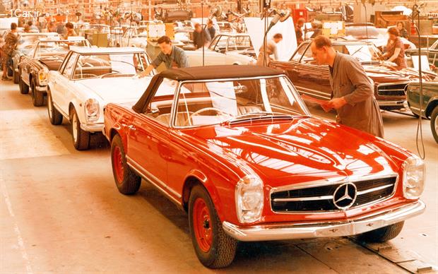 خط تولید مرسدس بنز Pagoda SL در سال 1963 تاریخچه خط تولید خودرو